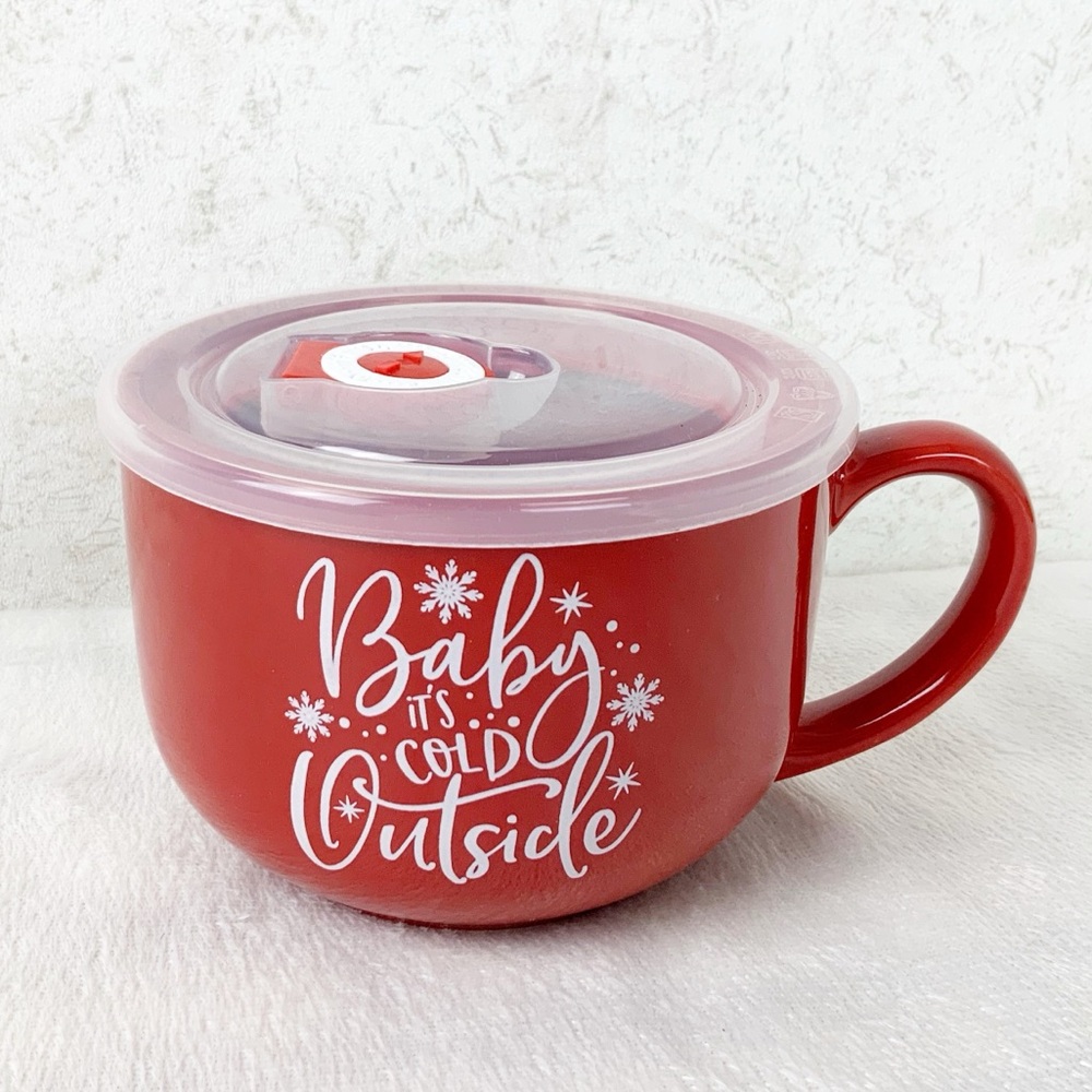 Baby Its Cold Outside Christmas Soup Mug With Lid 22 Oz Snowflakes Red